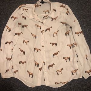 WHITE HORSE PRINT LONG SLEEVE BLOUSE